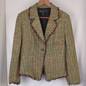SILKLAND Women's Tweed Silk Multicolor Fringe Blazer Jacket